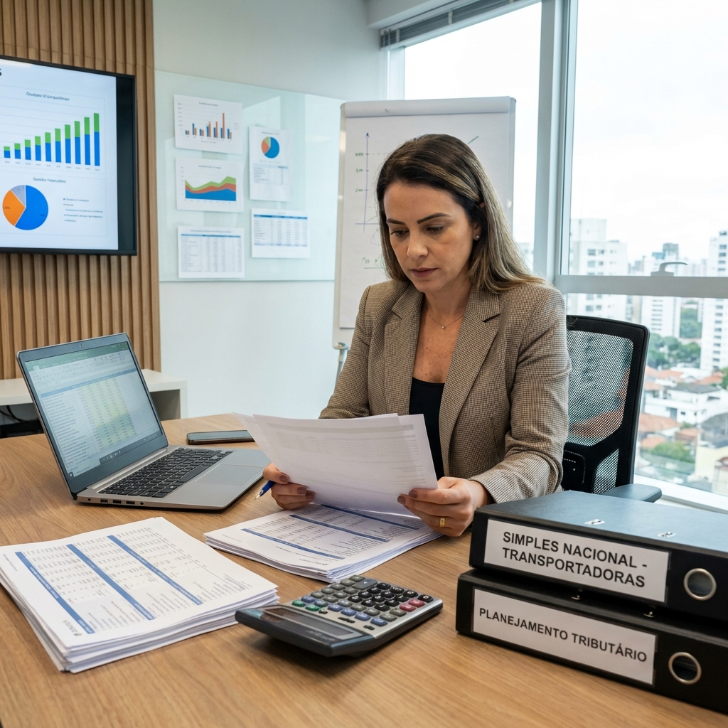 Profissional contábil analisando documentação fiscal e tributária do Simples Nacional para transportadora
