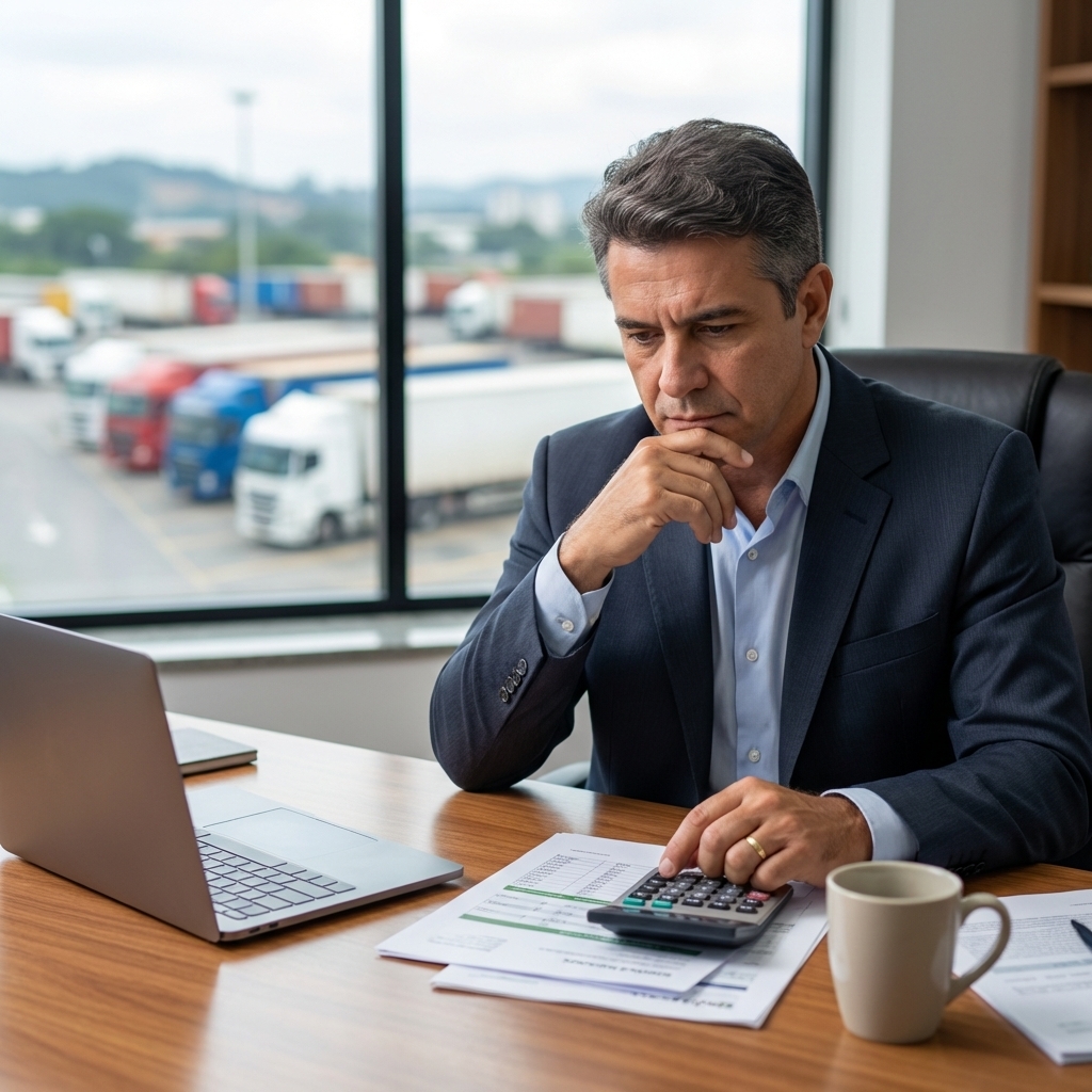 Empresário de transportadora analisando documentos tributários e planejamento do Simples Nacional em escritório com vista para frota de caminhões