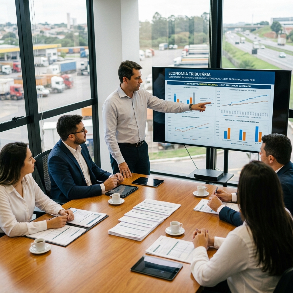 Equipe executiva de transportadora analisando gráficos de economia tributária e comparação entre regimes fiscais