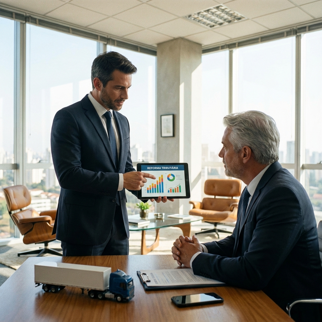 Consultor apresentando informações sobre reforma tributária para gestor de transportadora