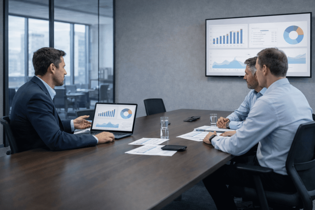 Consultoria estratégica para transportadoras analisando indicadores financeiros, margem e planejamento tributário