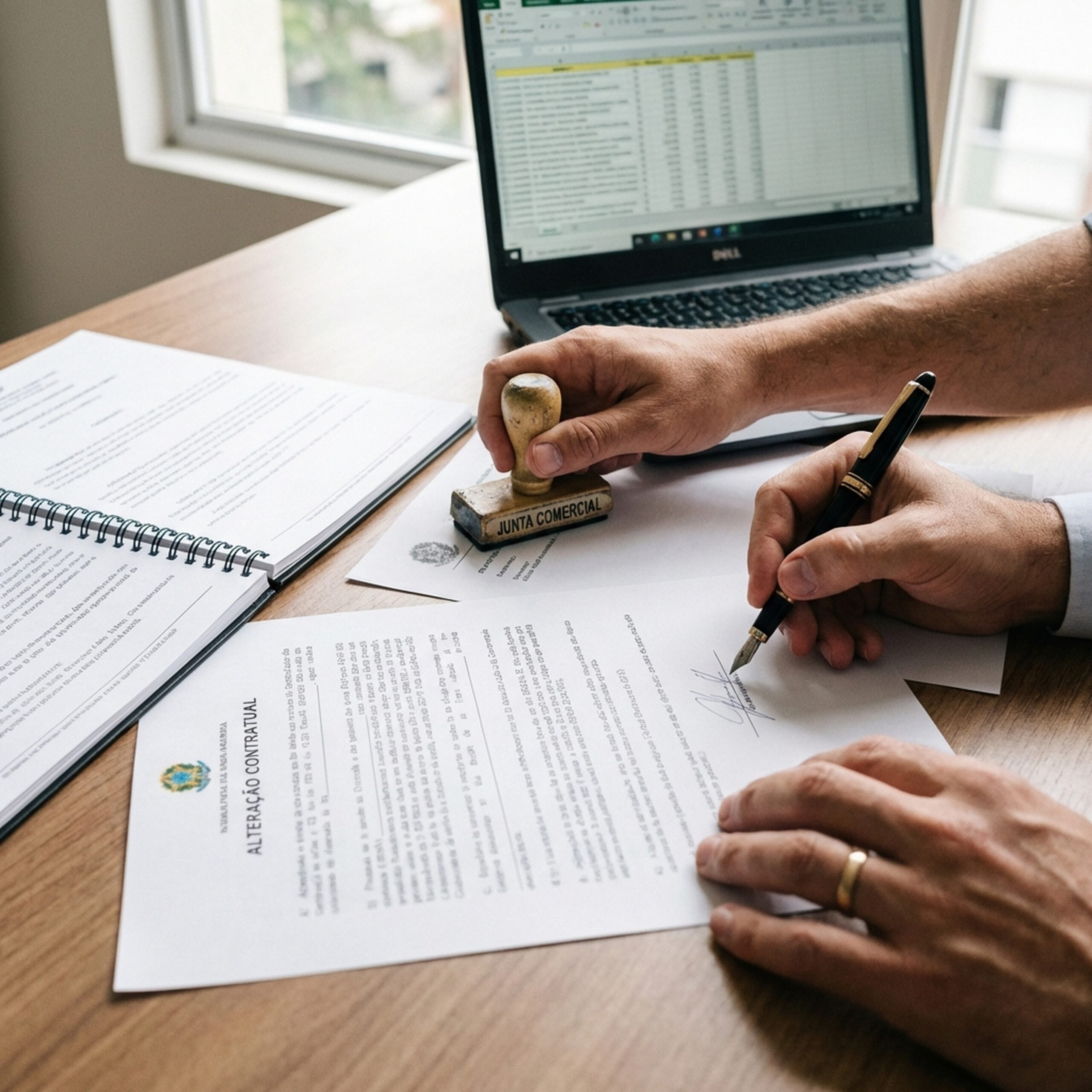 Mãos analisando contrato e documentos empresariais relacionados a como fazer alteracao contratual empresa
