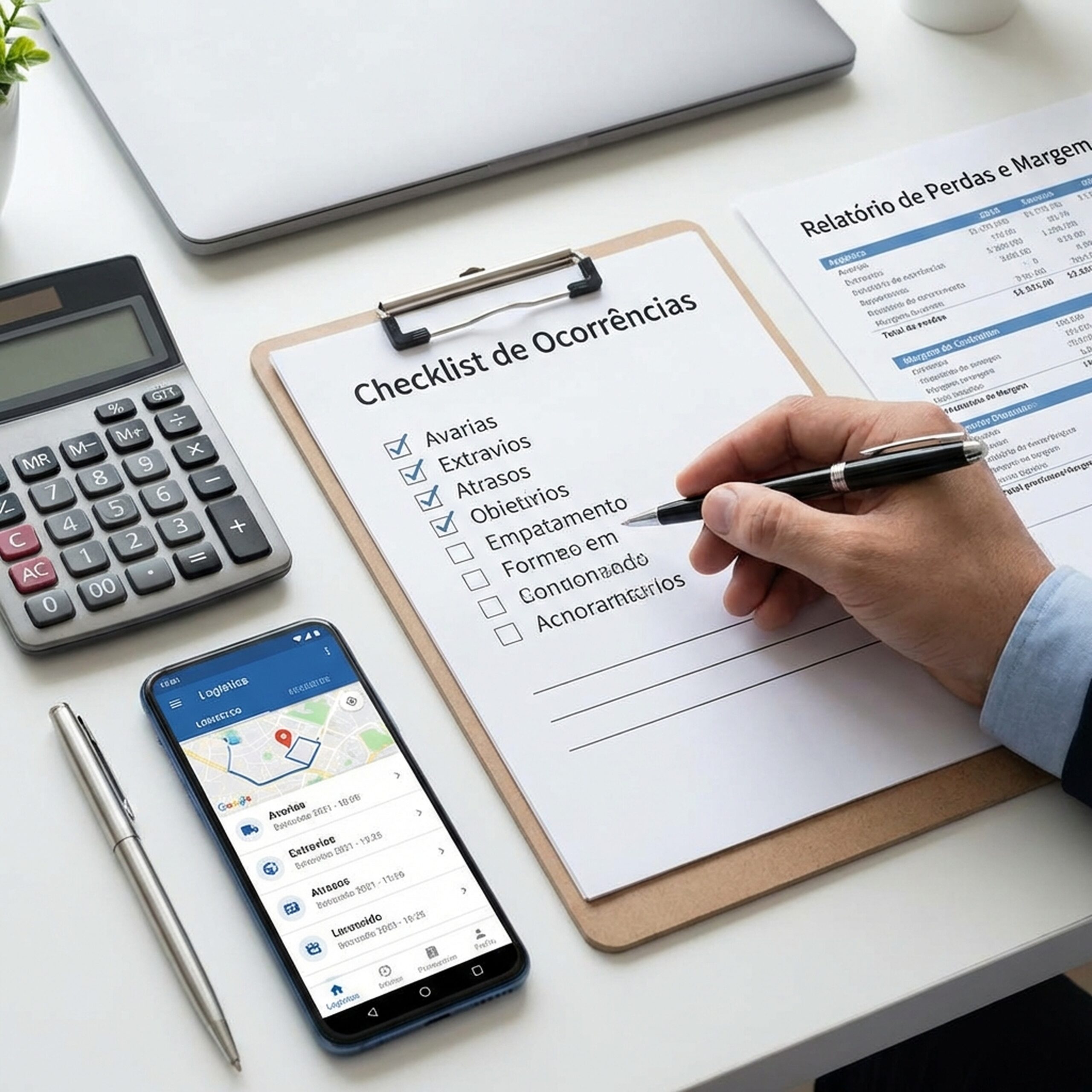 Mesa de trabalho com relatórios e checklist sobre erros nas transportadoras