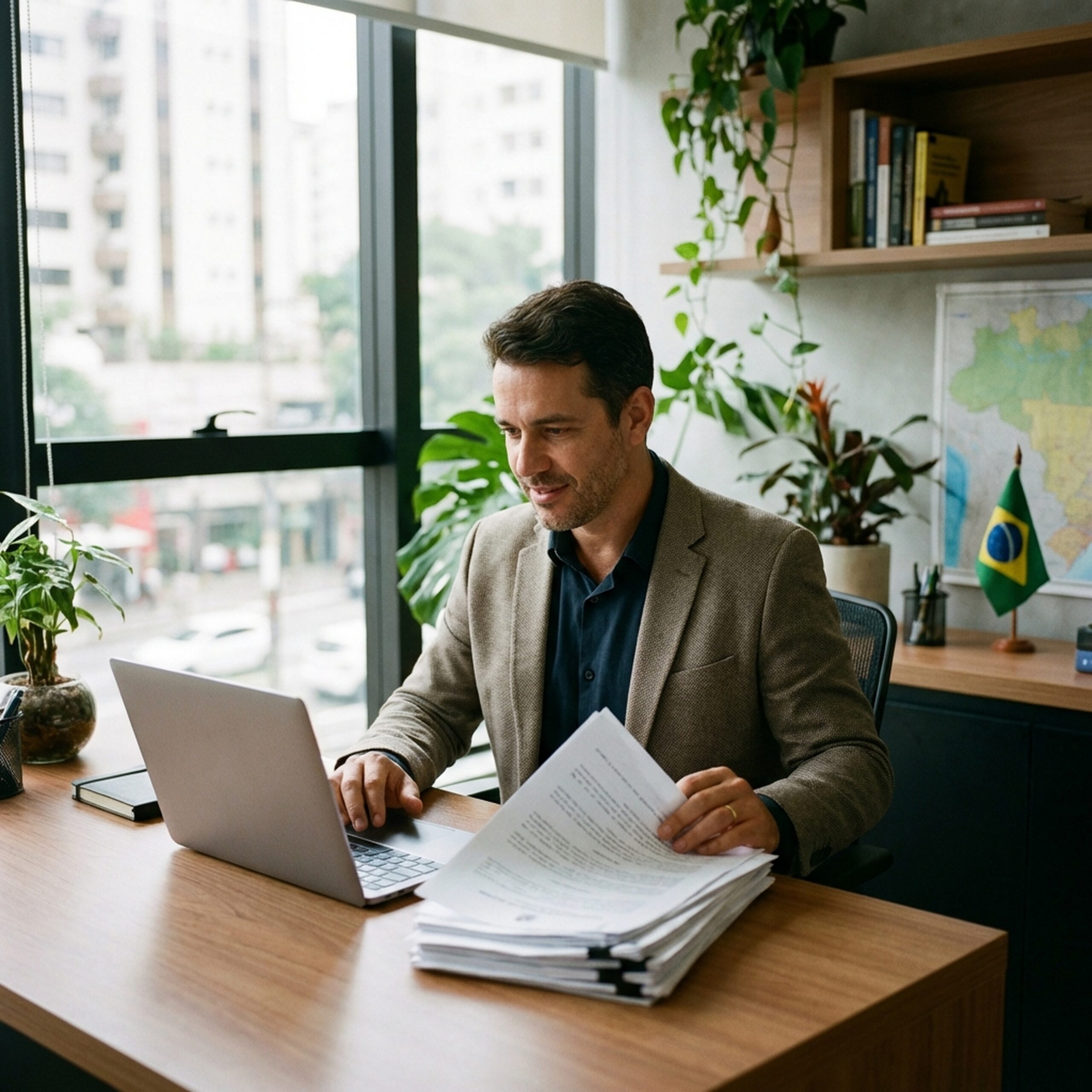 Profissional organizando documentos e etapas de requerimento de empresario em ambiente corporativo