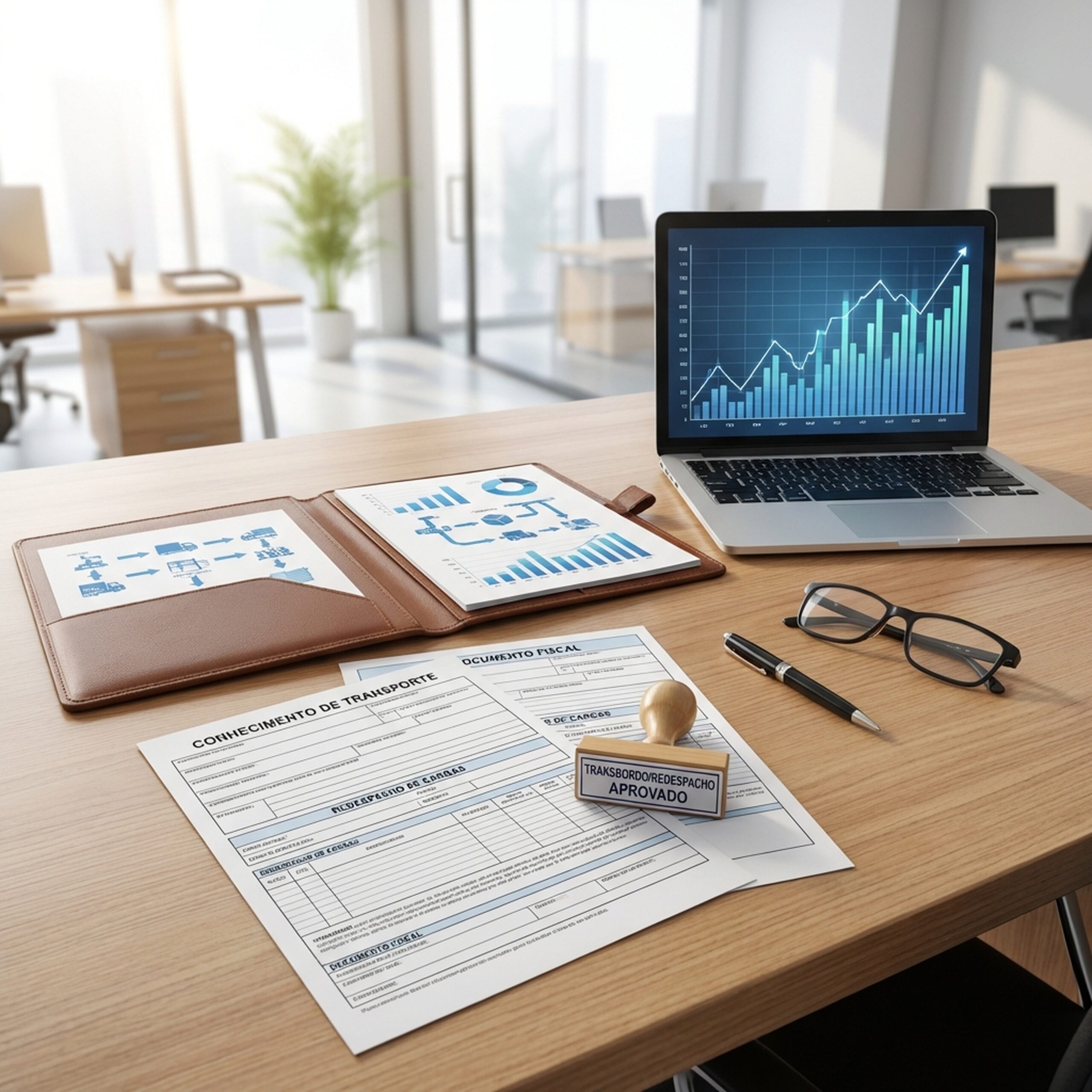 Elementos visuais de gestão empresarial representando transbordo e redespacho