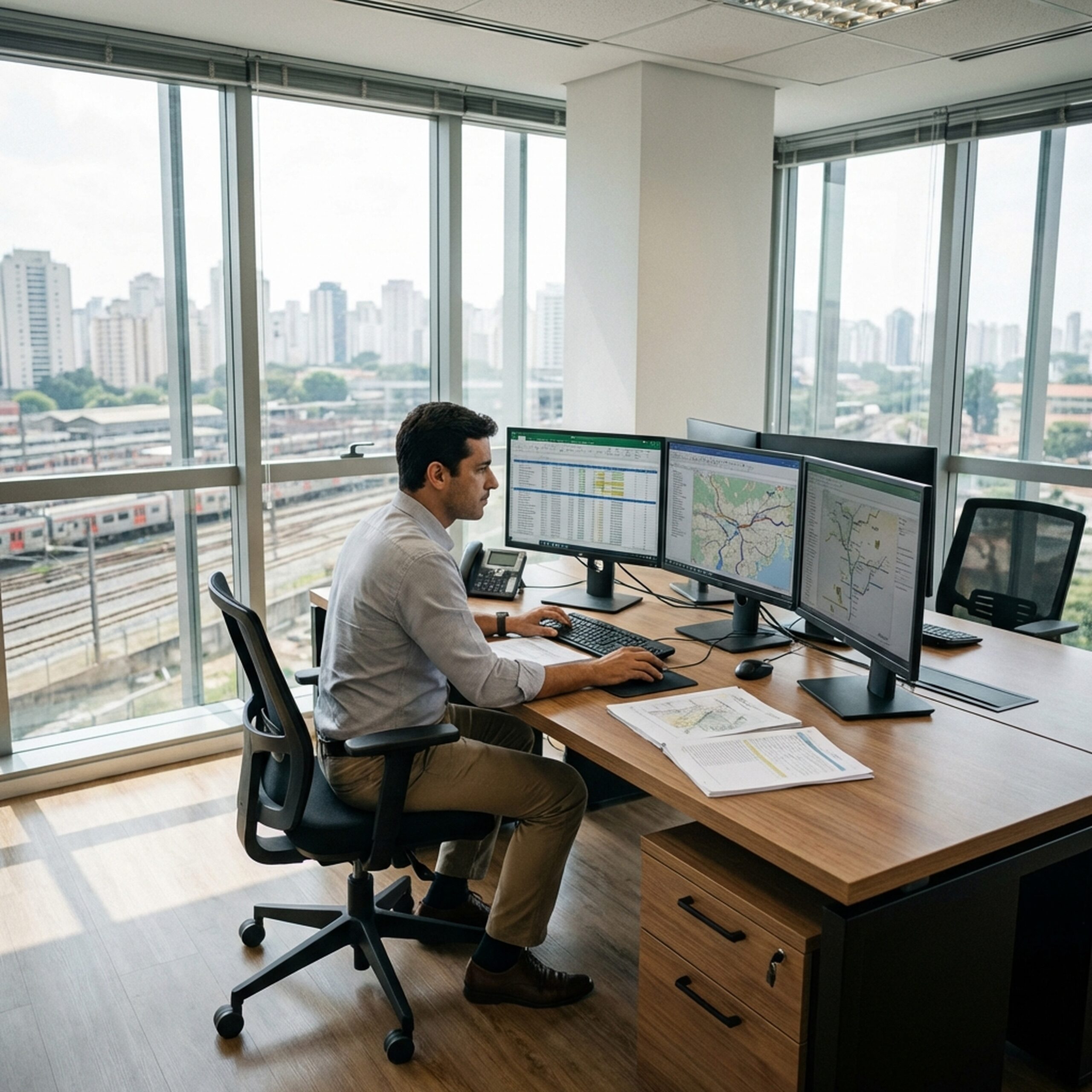 Profissional conduzindo etapas de transporte por comboio em ambiente corporativo