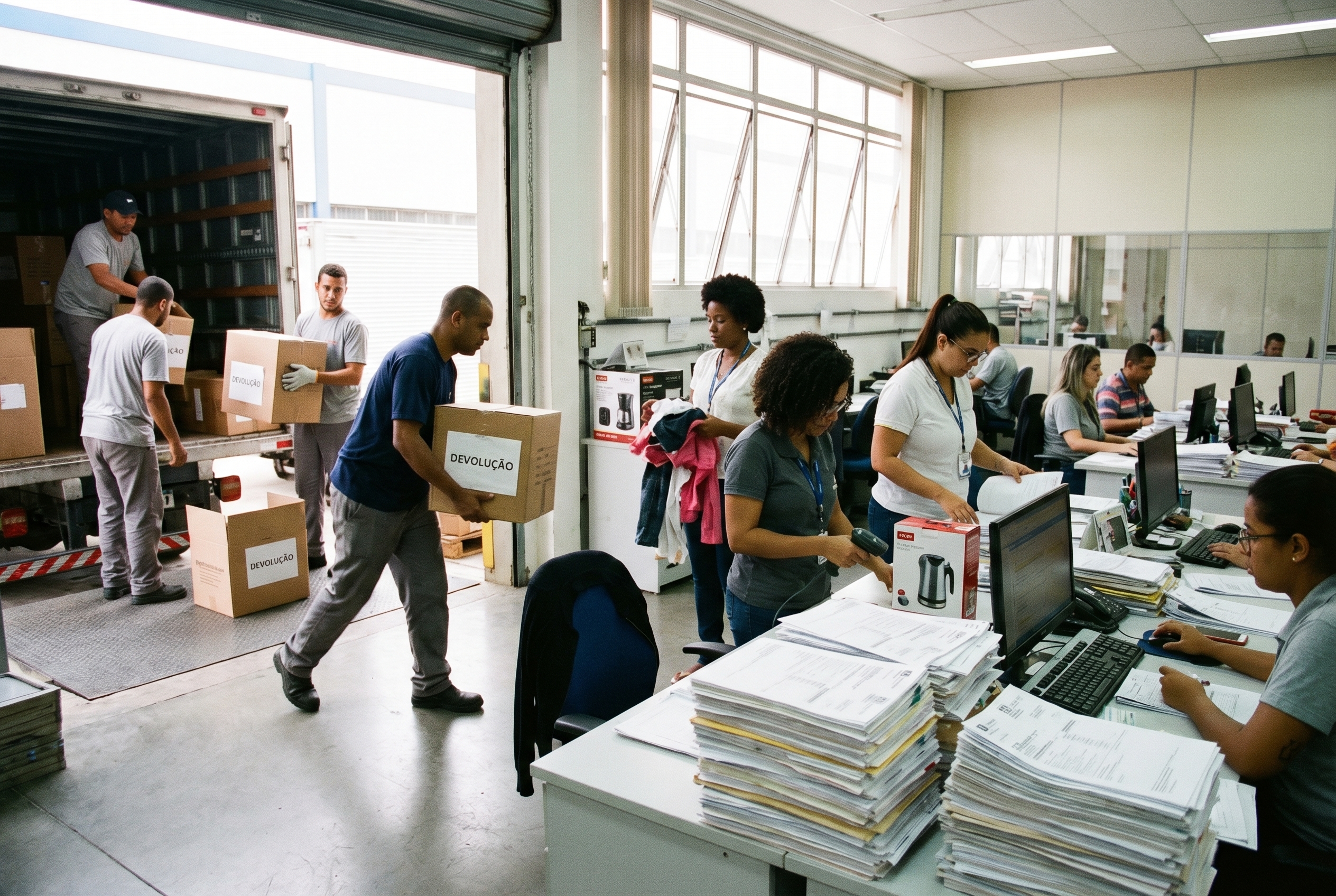 Equipe administrativa conferindo mercadorias devolvidas e documentos fiscais em exemplo prático do CFOP 1411