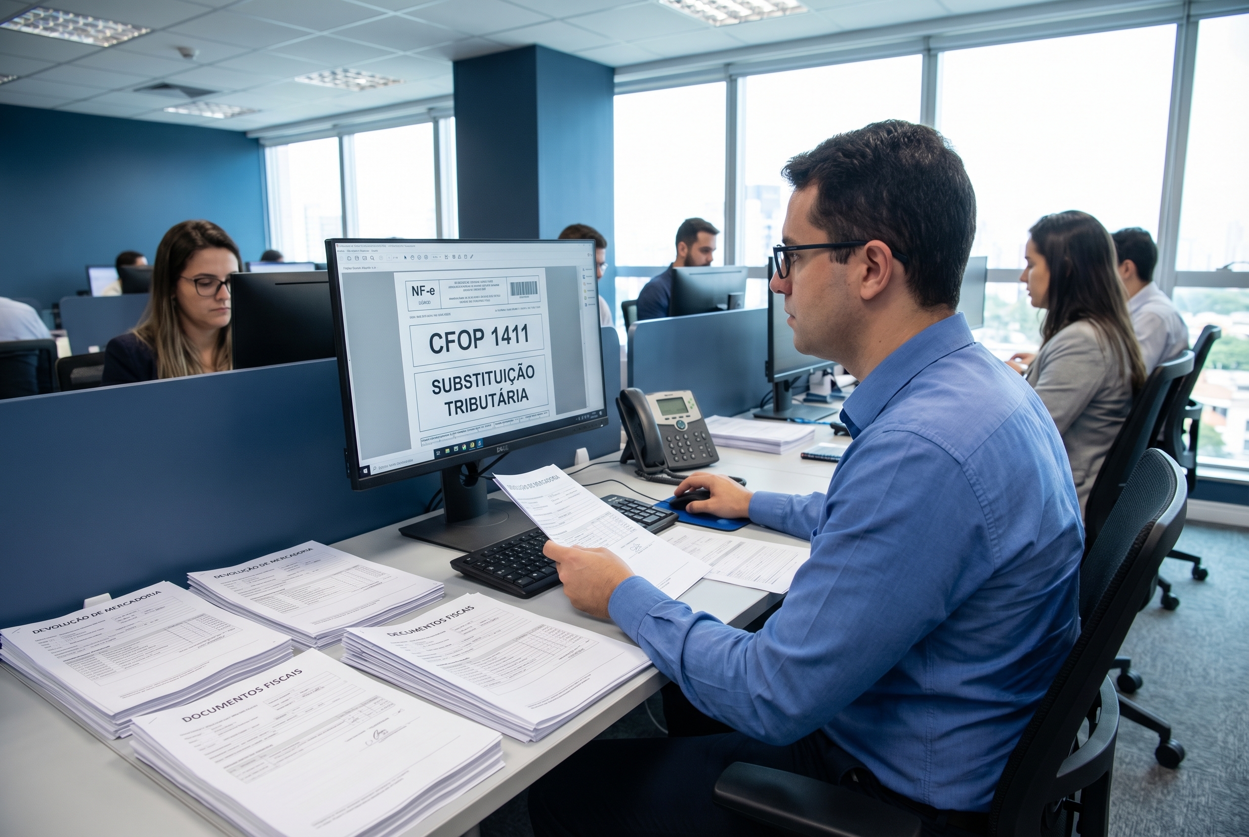 Analista fiscal conferindo nota de devolução com CFOP 1411 e substituição tributária