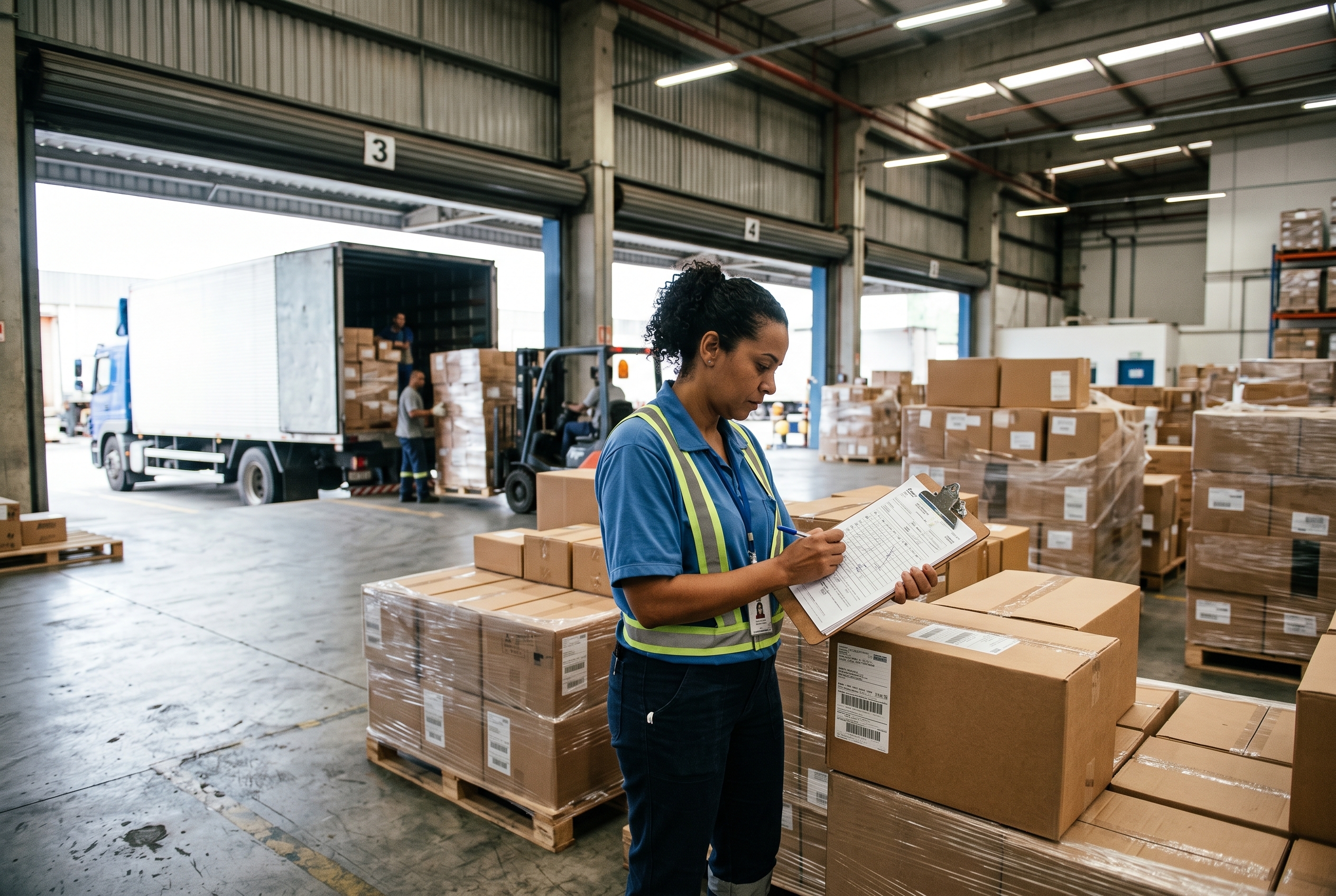 Supervisor conferindo documentos e bens sob responsabilidade em área de armazenagem