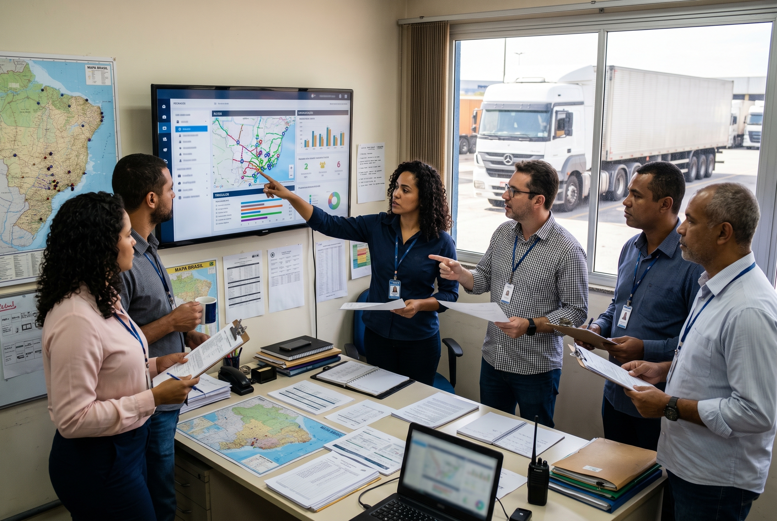 Equipe analisando documentos fiscais, rotas e riscos operacionais em empresa de transporte