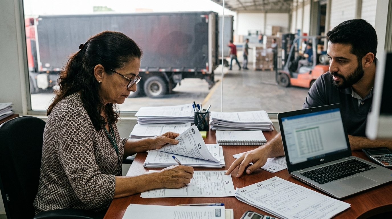 Analista fiscal e coordenador de logística conferem documentos fiscais após apreensão de mercadoria