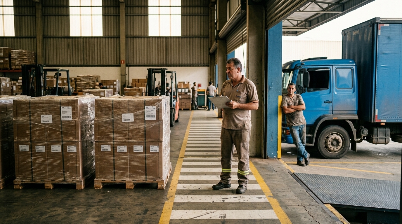 Carga parada em doca de armazém enquanto gestor e motorista aguardam conferência documental