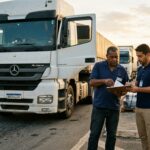 Caminhão parado em operação logística enquanto motorista e analista conferem documentos de mercadoria retida