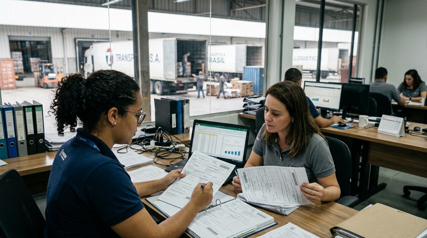 Analista fiscal e coordenador de logística revisam documentos de transporte em ambiente de transportadora