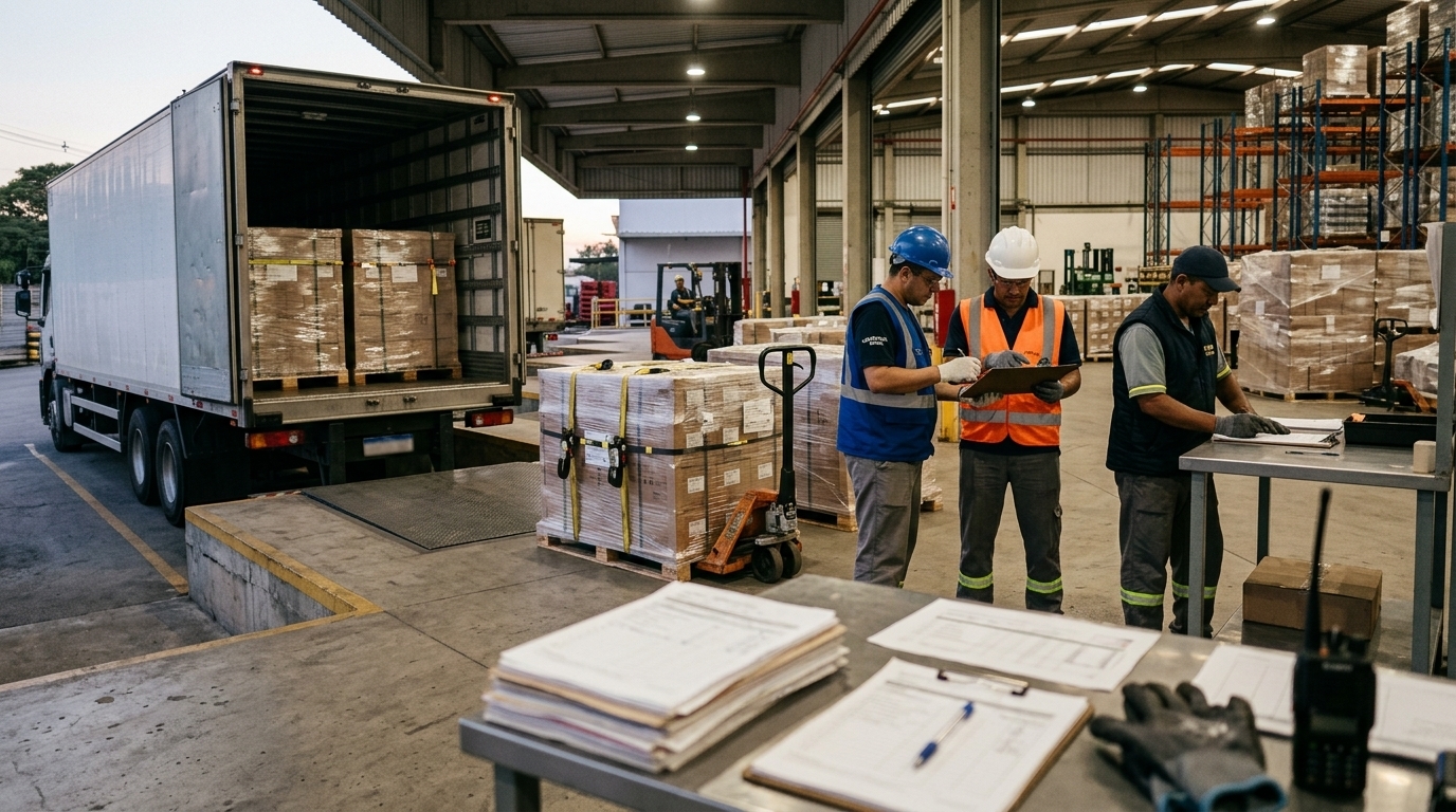 Equipe em armazém confere documentos de carga parada antes da liberação da mercadoria