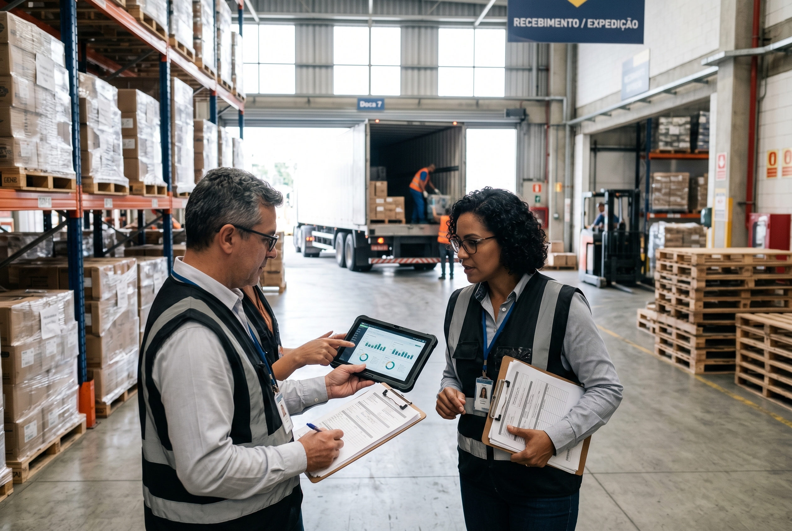 Gestores analisam indicadores e documentos em armazém antes de terceirizar a logística para um operador 3PL