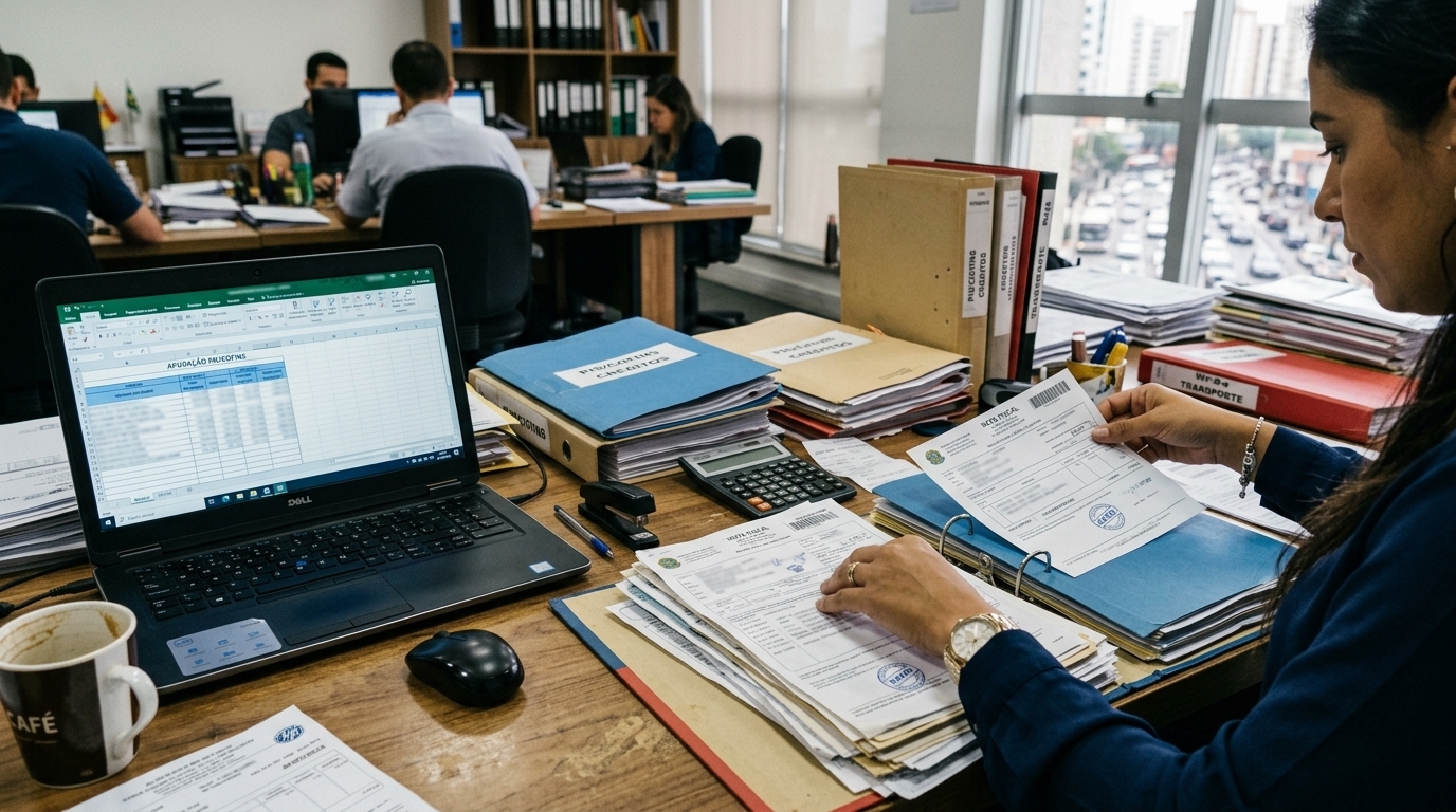 Analista organizando notas fiscais de combustível e manutenção para análise de créditos de PIS e COFINS