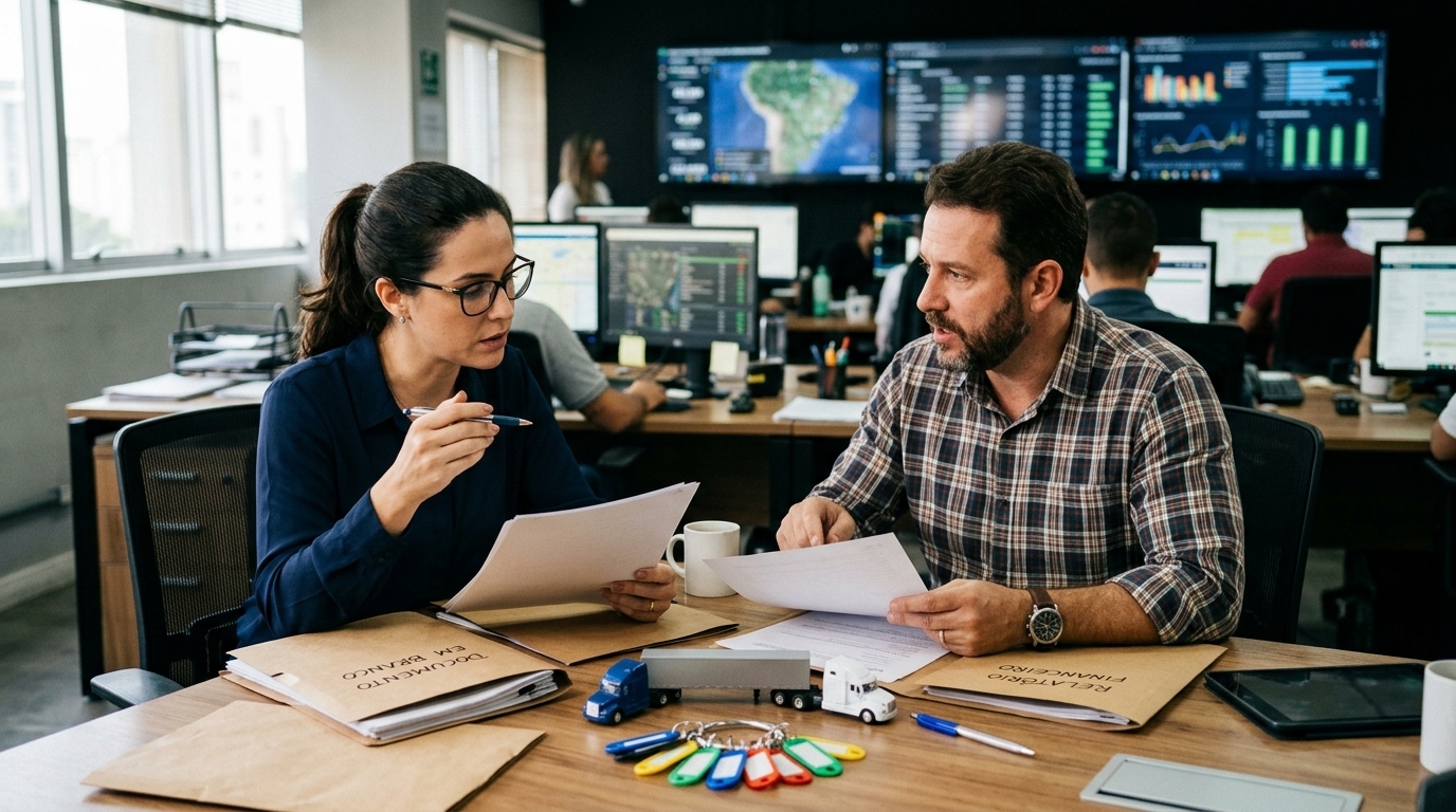 Contador e coordenador logístico analisando planejamento tributário e transição da CBS no transporte
