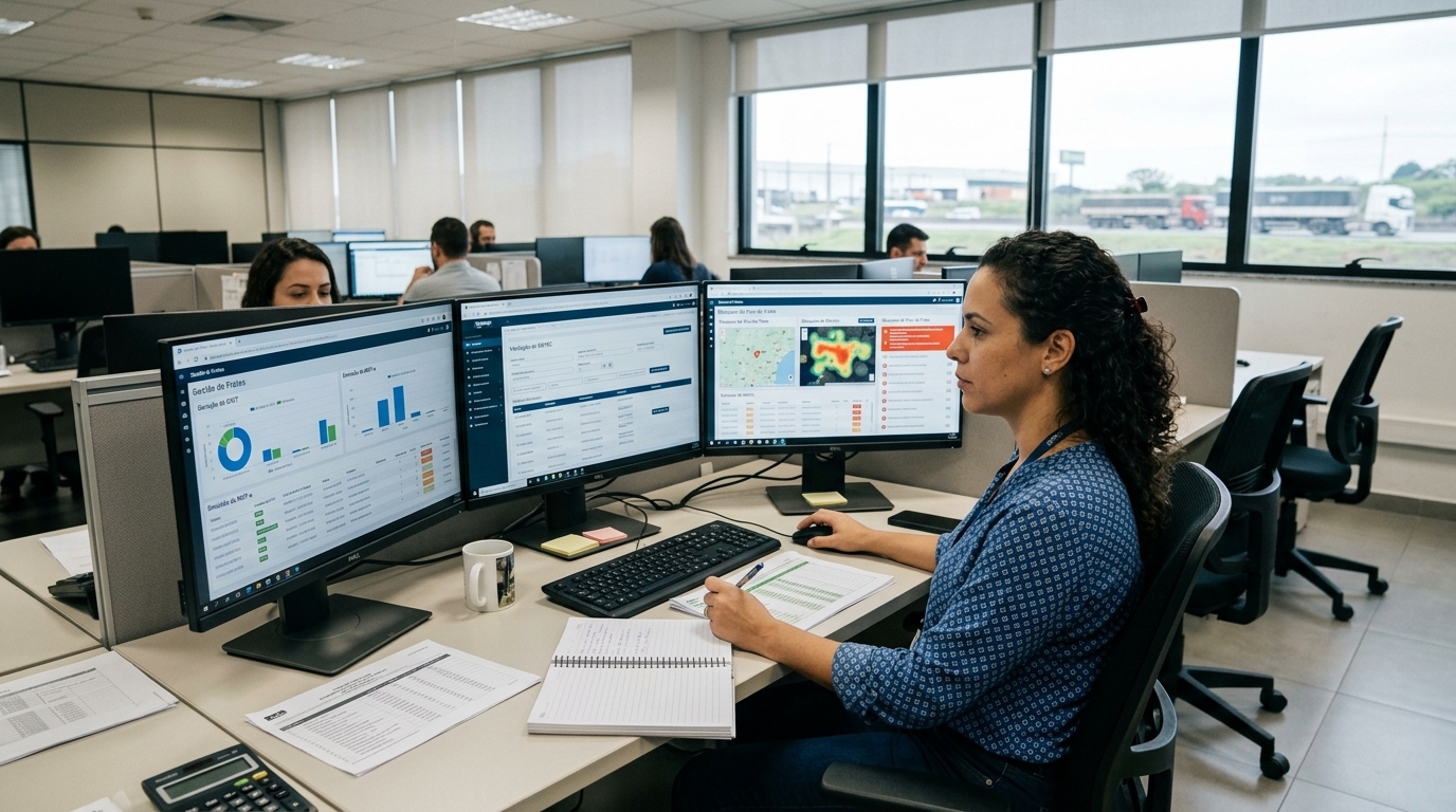 Analista conferindo geração do CIOT, RNTRC e dados operacionais em sistema logístico