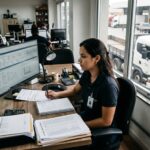Analista de transporte conferindo dados de CIOT e documentos operacionais em ambiente logístico