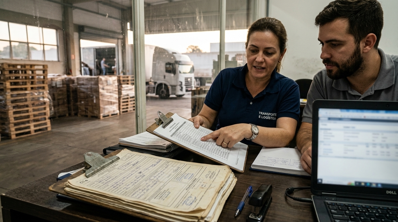Analista fiscal confere checklist de documentos de transporte após termo de apreensão de mercadoria