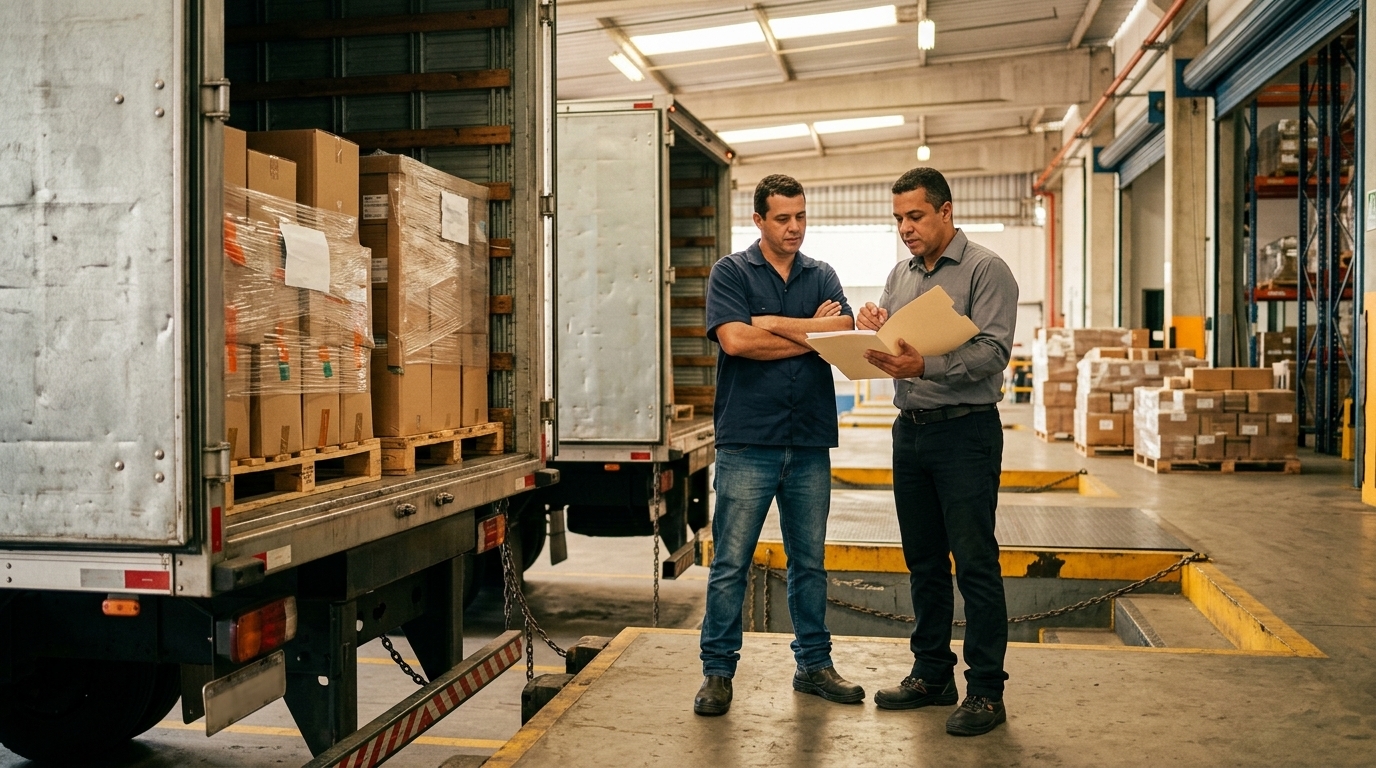 Motorista e gestor revisam documentos ao lado de carga parada em doca de transportadora