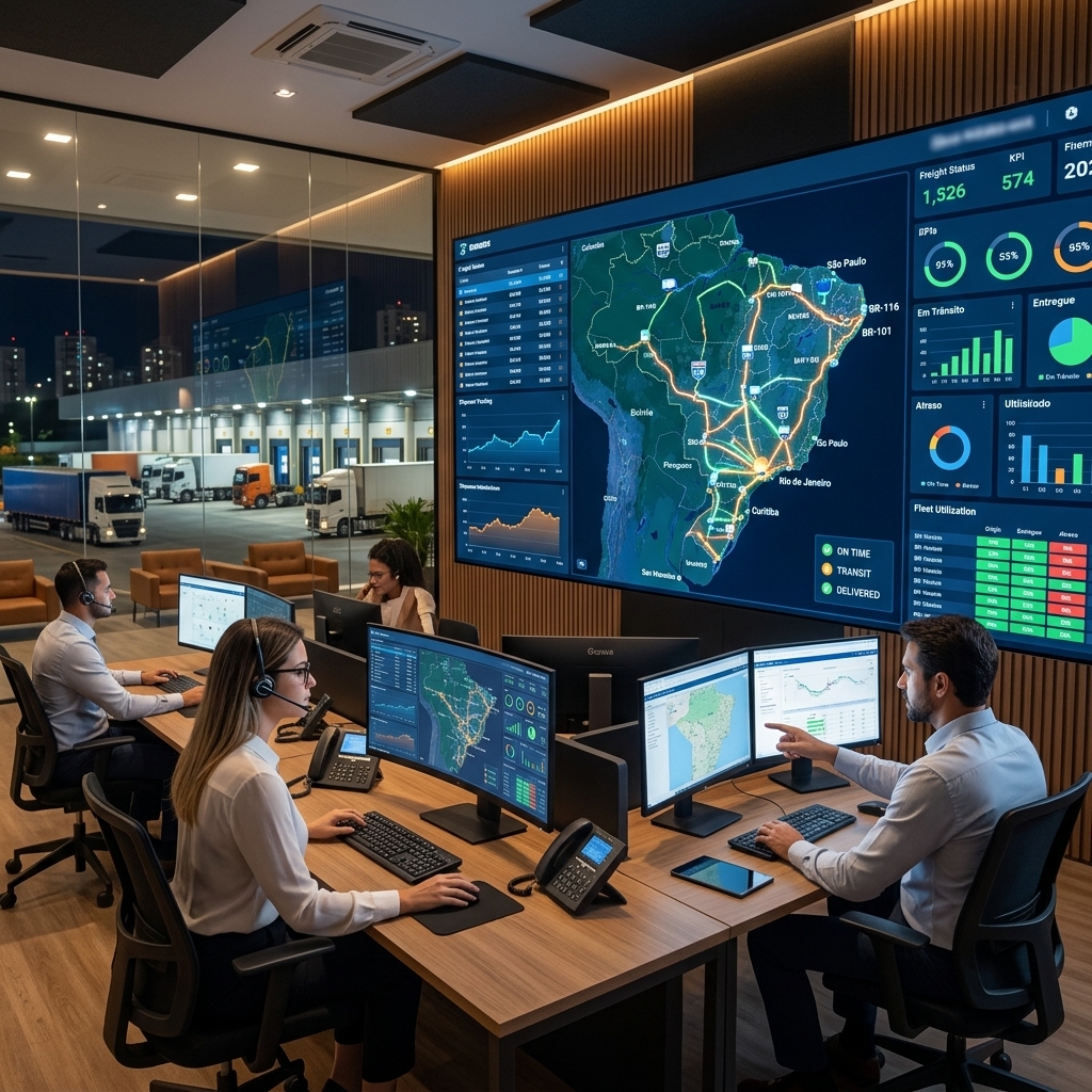 Torre de controle logística com painéis de monitoramento, rotas e operação de transporte