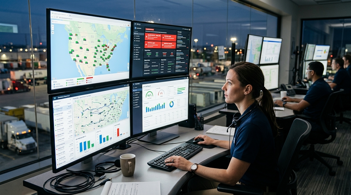 Analista acompanhando entregas, rotas e ocorrências em uma torre de controle logística
