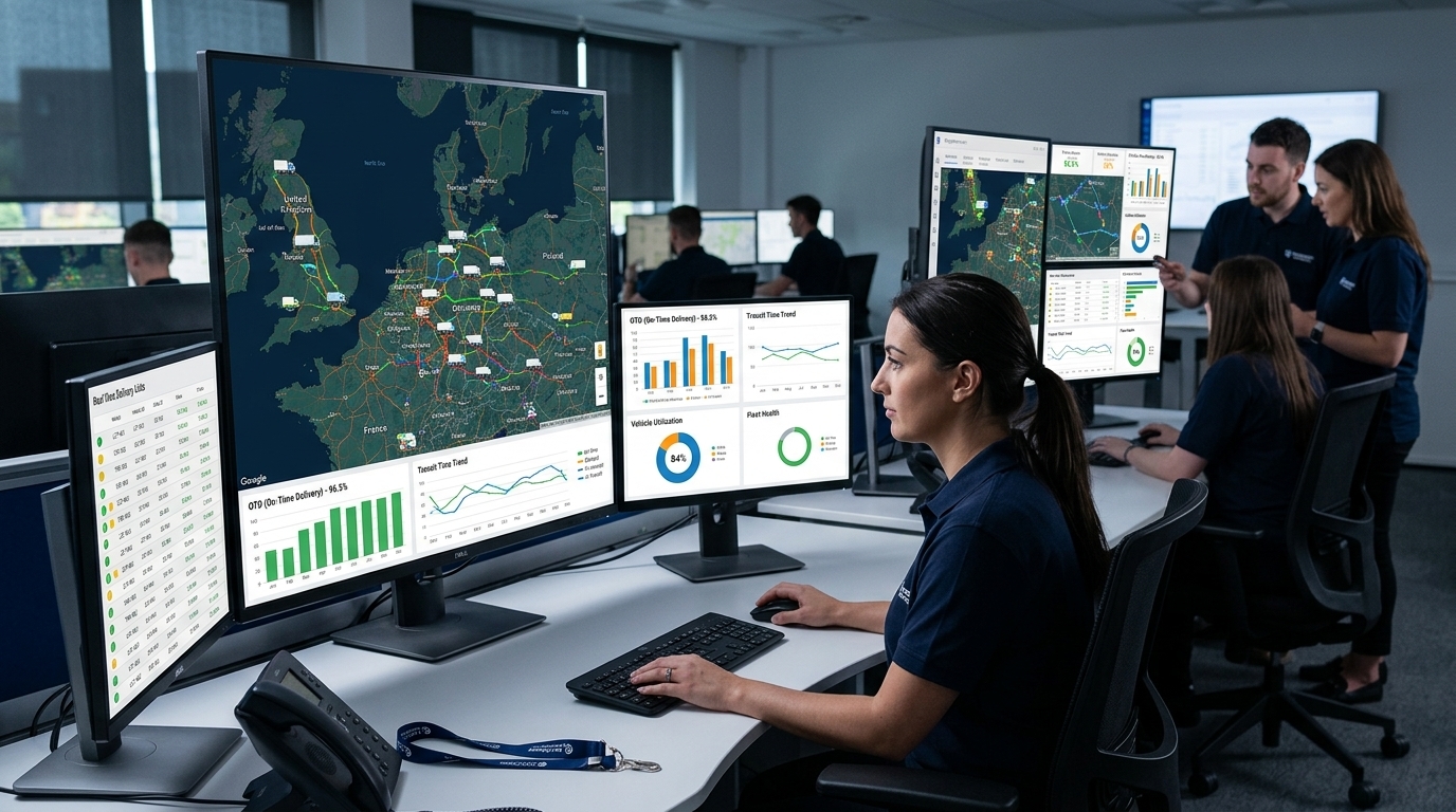 Dashboard com indicadores, rotas e performance em torre de controle logística