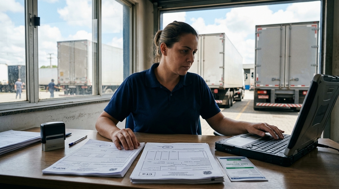 Profissional conferindo documentos de transporte antes da viagem em pátio logístico