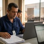 Gestores de transportadora revisando documentos de CIOT e operação de frete
