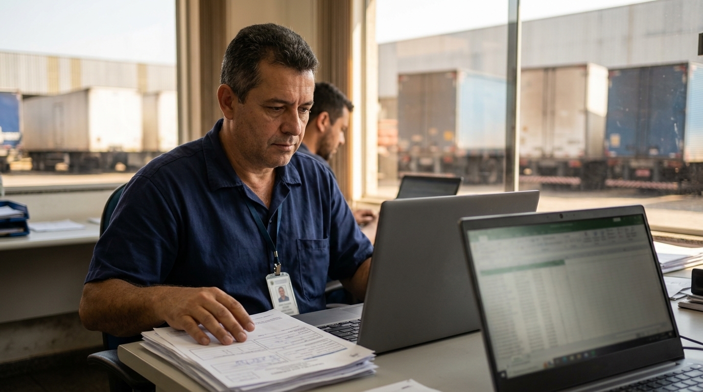 Gestores de transportadora revisando documentos de CIOT e operação de frete