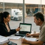 Gestor de transportadora e consultor tributário analisando cálculo de ICMS em escritório logístico