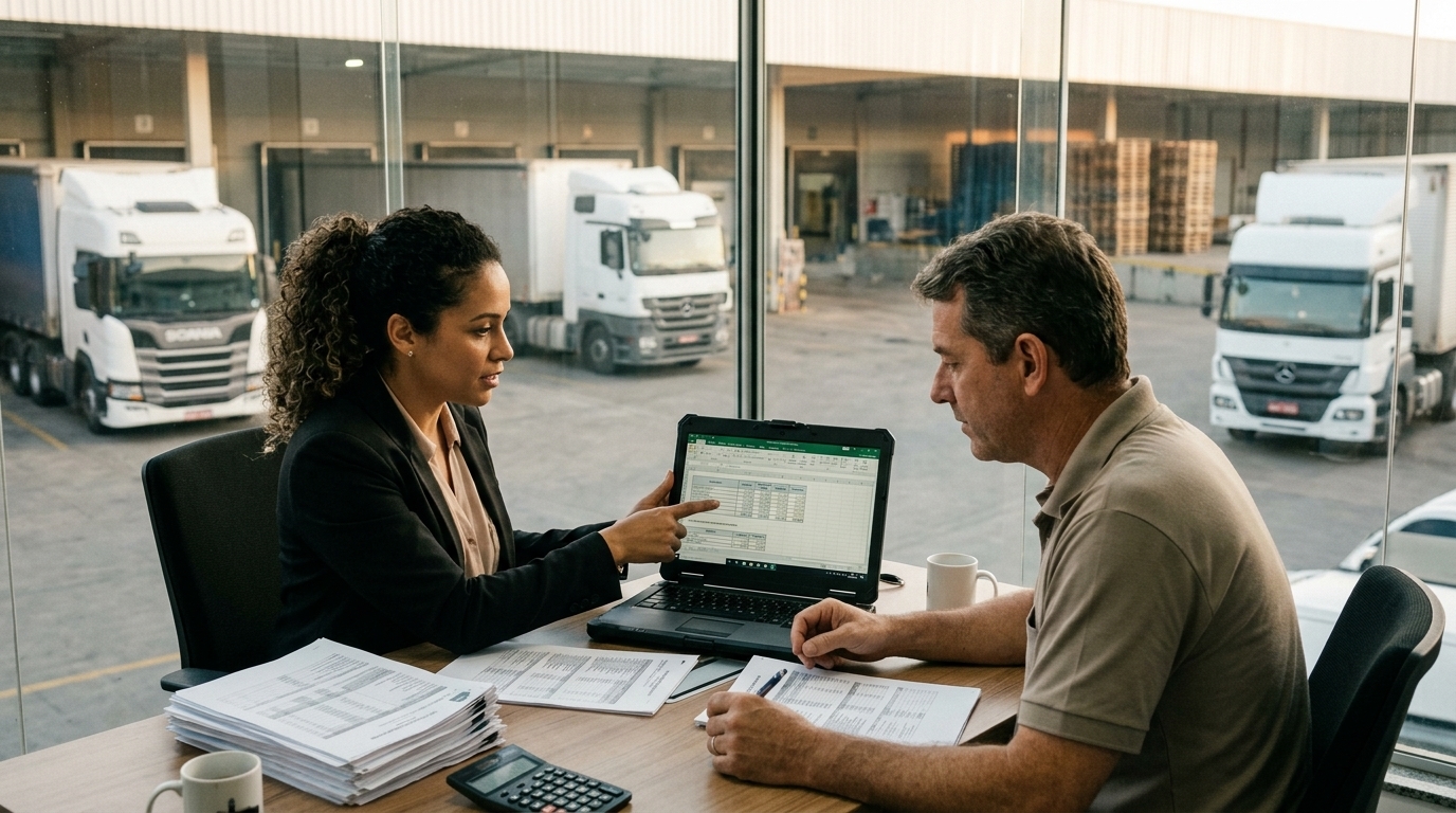 Gestor de transportadora e consultor tributário analisando cálculo de ICMS em escritório logístico