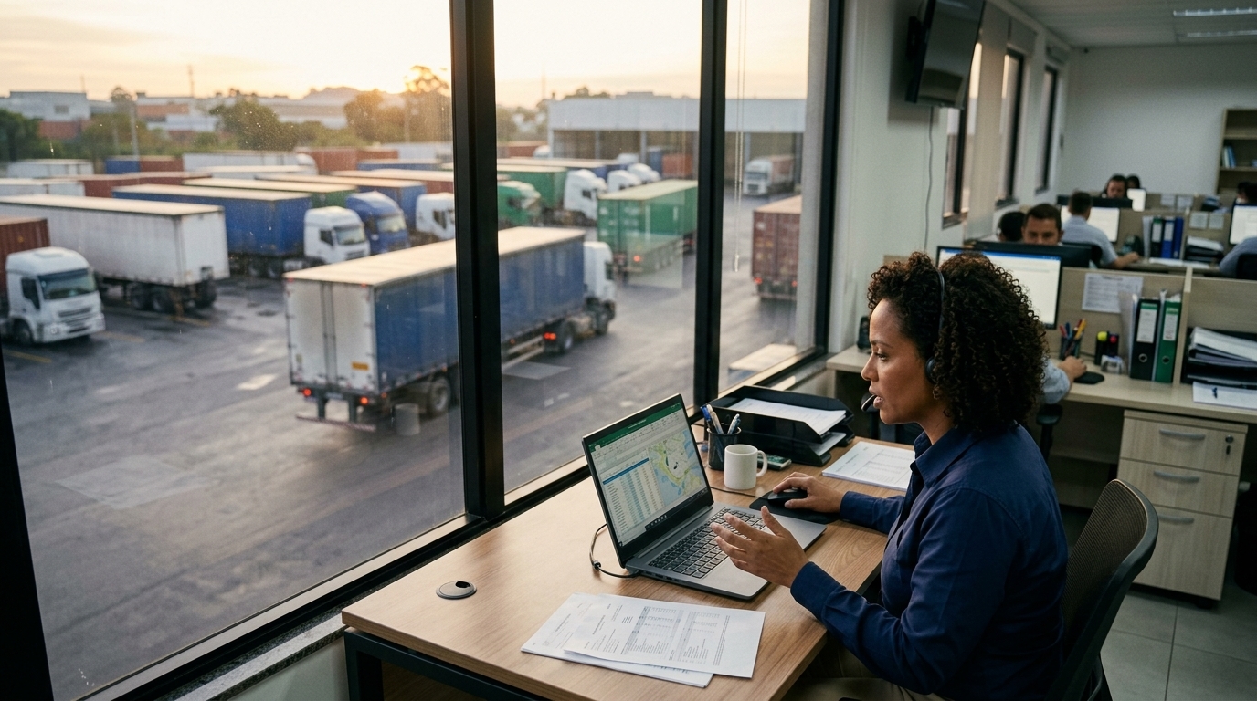 Gestor de transportadora analisando documentos digitais de transporte em escritório logístico
