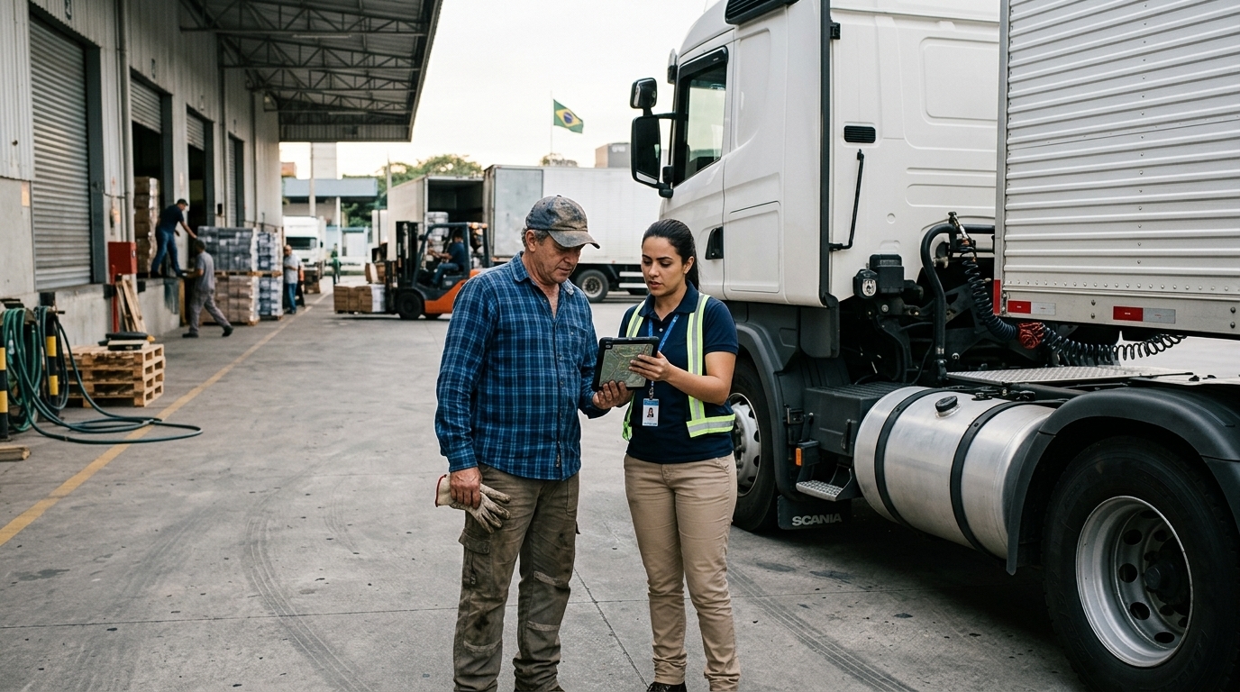 Coordenador operacional e motorista revisando checklist digital ao lado de caminhão de carga