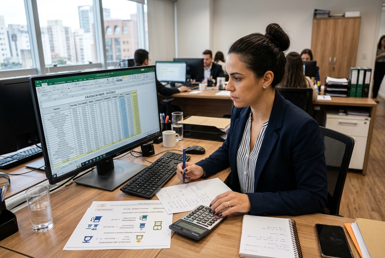 Gestor financeiro revisando planilha e calculadora para compor o frete peso da transportadora