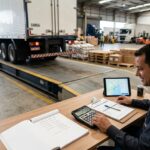 Transportadora calculando frete peso com caminhão, balança, rota e documentos em ambiente corporativo
