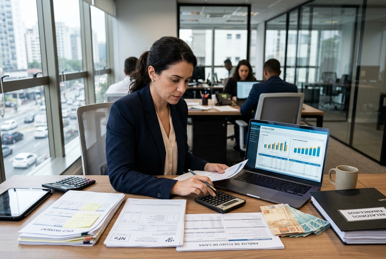 Gestor financeiro de transportadora analisando fluxo de caixa, documentos e calculadora para avaliar o split payment