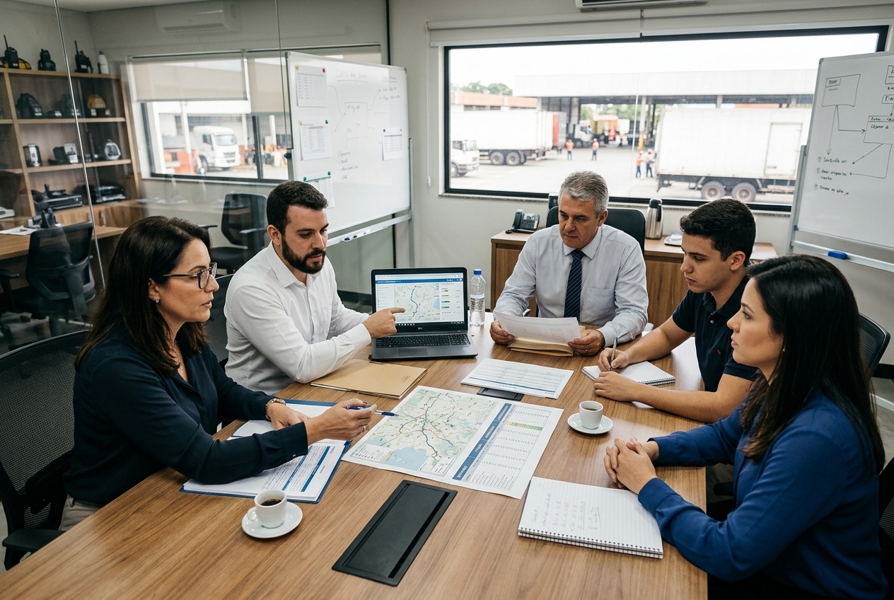 Equipe de transportadora discutindo rota, manutenção, pedágios e eficiência operacional
