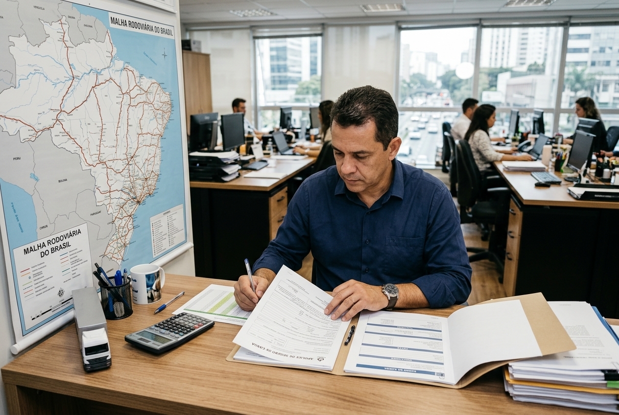 Gestor de transportadora revisando apólice, planilha e documentos para avaliar seguro de carga