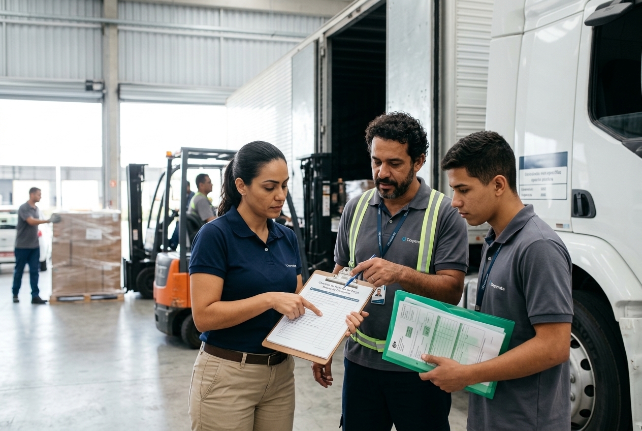 Equipe de transportadora conferindo checklist de seguro de carga e documentos da operação