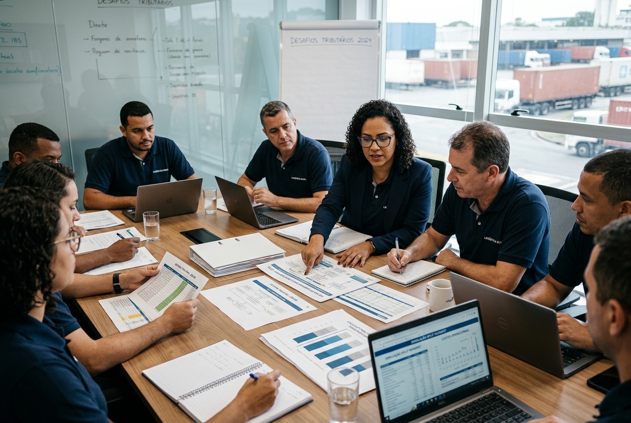 Equipe de transportadora revisando documentos fiscais e planejamento operacional diante do split payment