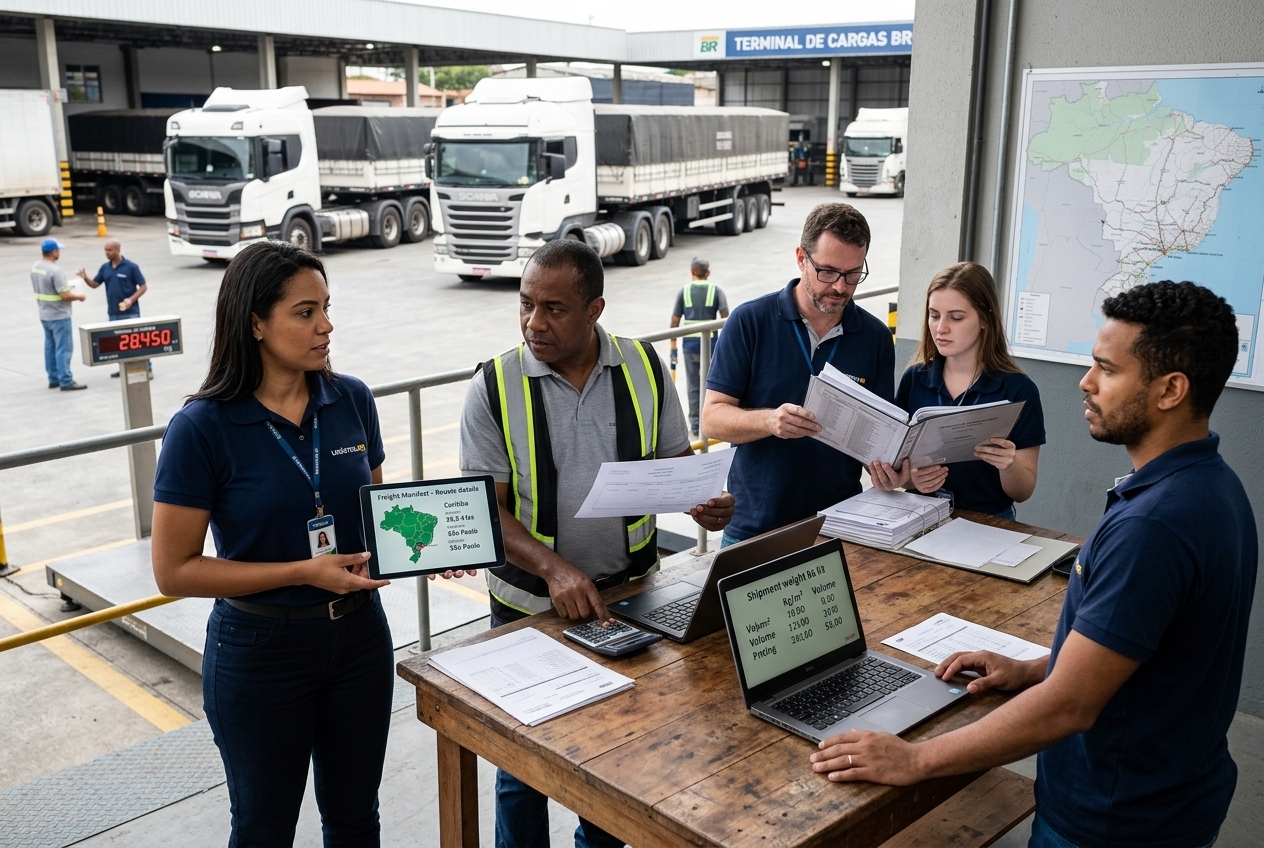 Equipe de transportadora discutindo rota, carga e composição do frete peso