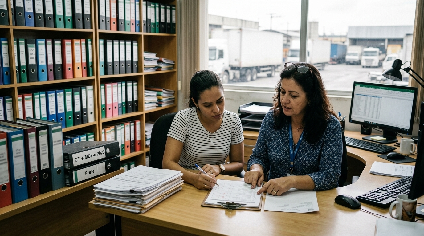 Equipe de transportadora revisando checklist mensal de documentos fiscais e arquivos XML