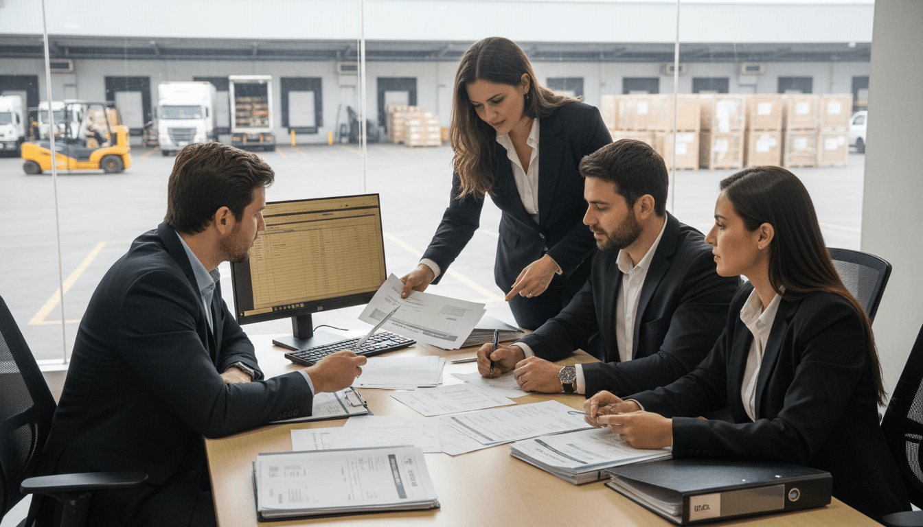 Equipe conferindo CT-e, ICMS e escrituração de transporte para tomador industrial