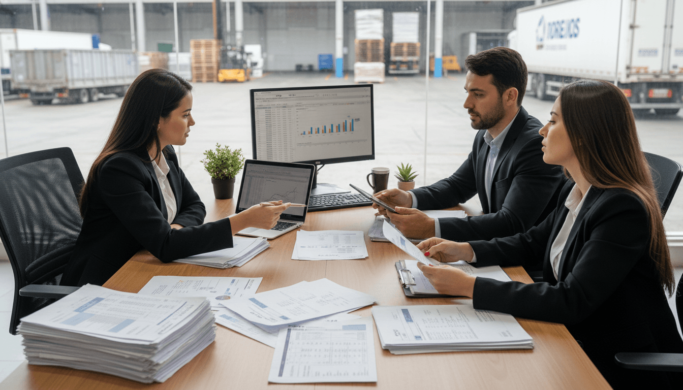 Equipe conferindo CT-e, ICMS e escrituração de transporte para tomador comercial