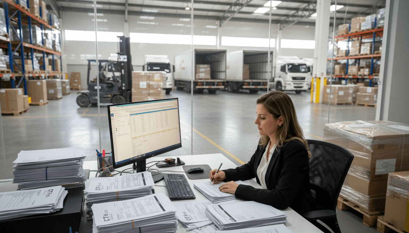Analista fiscal revisando CFOP 5353 e 6353 em CT-e para transporte a estabelecimento comercial