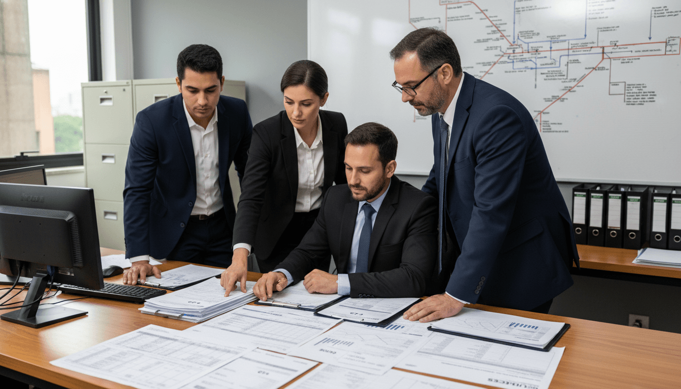 Equipe conferindo CT-e, ICMS e escrituração de transporte iniciado em UF diversa da inscrição do prestador