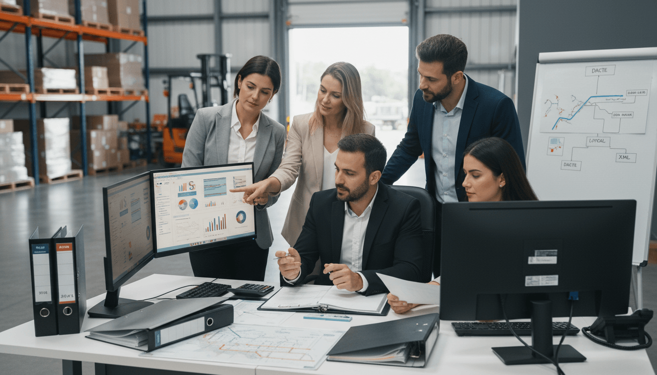 Equipe conferindo entrada de frete, XML, DACTE e escrituração fiscal da transportadora